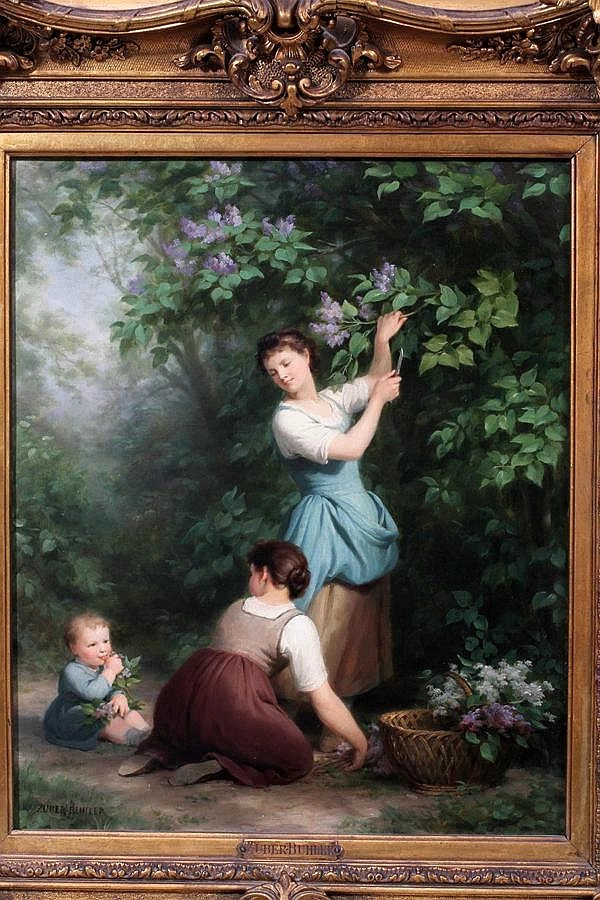Madre e figli che raccolgono fiori